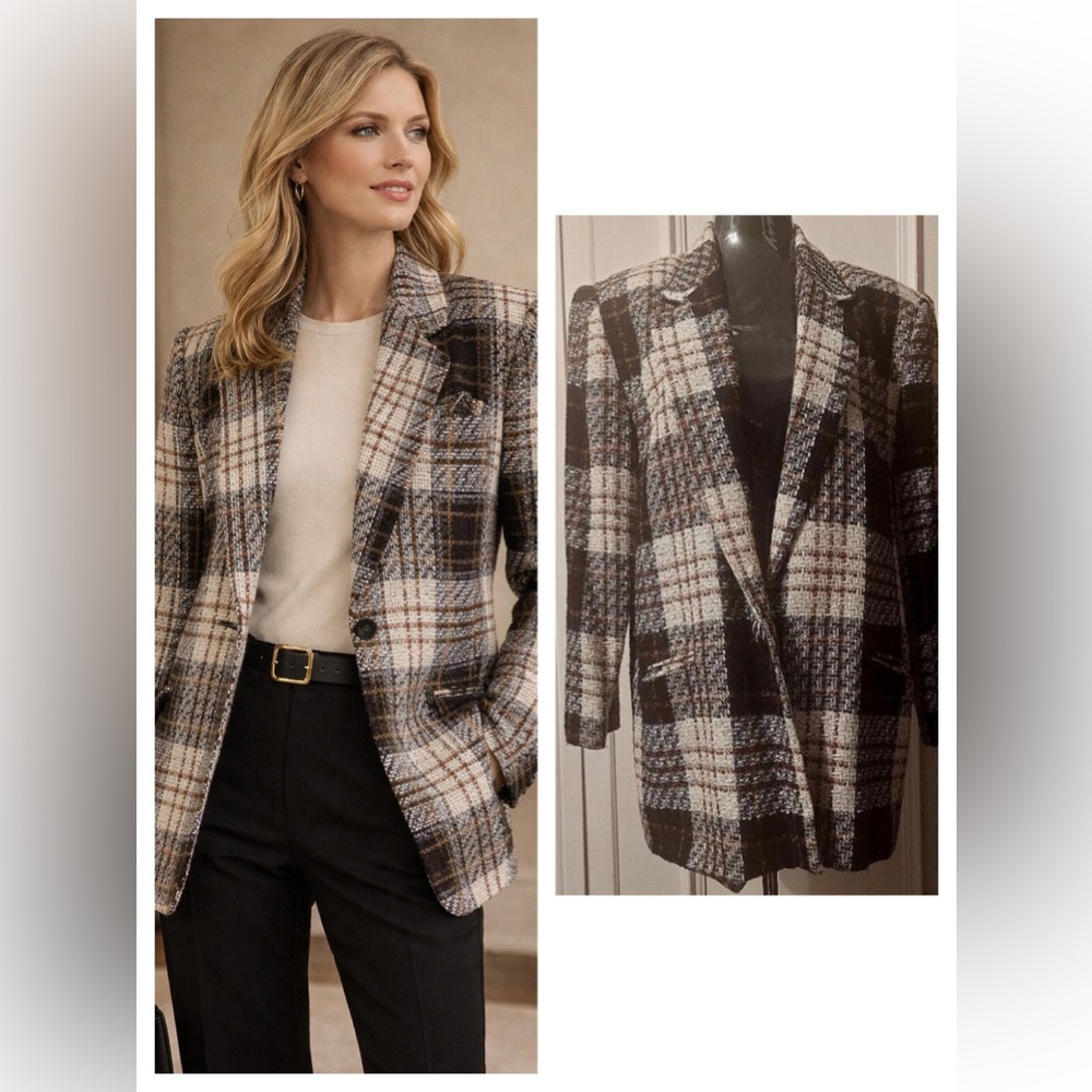Cream Black Plaid Tweed Blazer Size 18 Vintage Classic Tailored Oversized